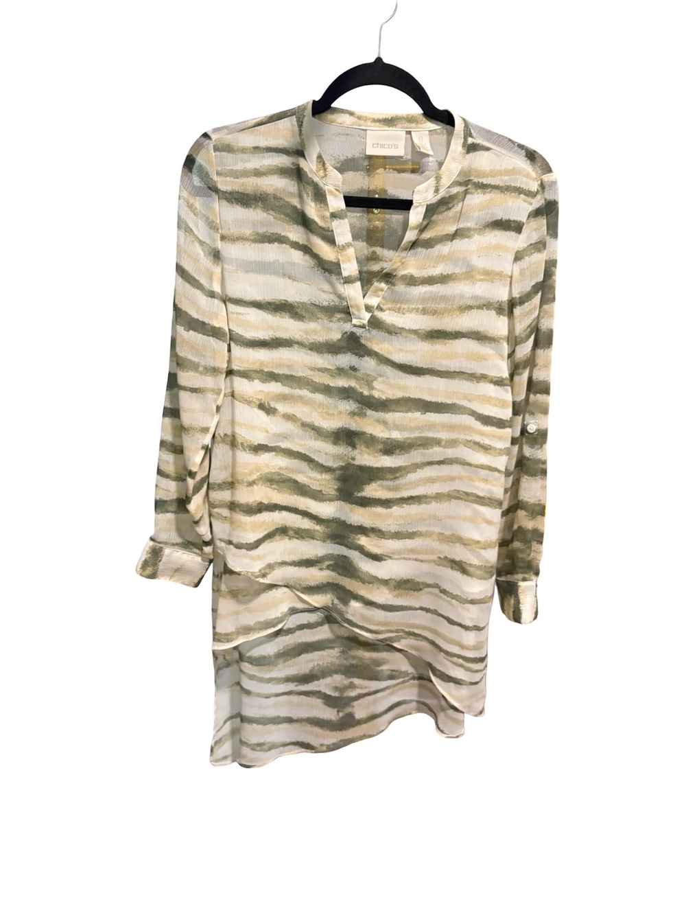Chico's Green Olive Abstract Striped V-Neck Tunic Blouse Shirt Size 0 (US 6/8)